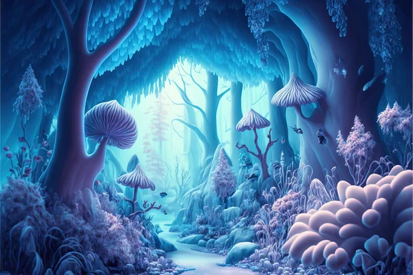 Landscape with beautiful fairy tale enchanted tropical forest with big trees and bioluminescence lights.