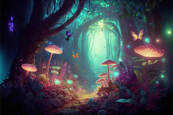 Landscape with beautiful fairy tale enchanted tropical forest with big trees and bioluminescence lights.