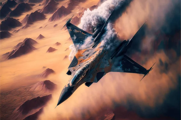 Fighter plane flying over clouds with sun shining and yellowish sky reflecting