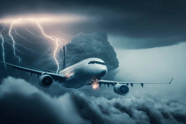 Big plane coming out of heavy thunder and lightning clouds