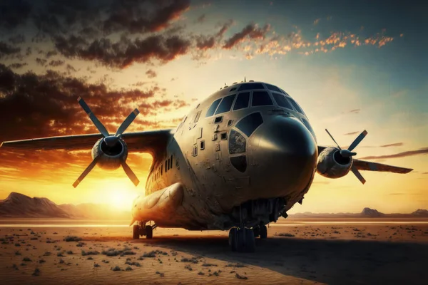 Large military plane standing in desert yard for boarding and disembarking