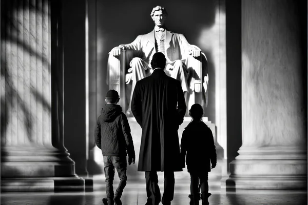 American family visiting the Lincoln Memorial monument on US President\'s Day celebration