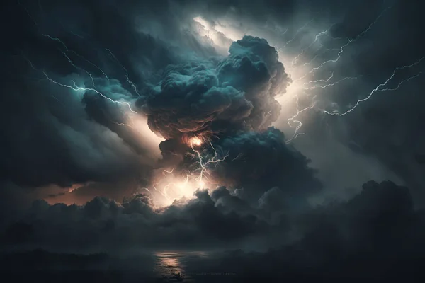 Huge storm image of bulky and hurricane clouds, rain, strong winds, lightning and dramatic stormy weather