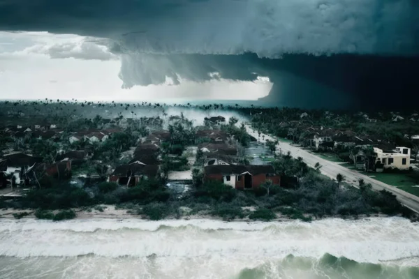 Hurricane Hurricane Storm Destroying Much of the Caribbean Coast, High Winds, Tsunamis, Debris, Destroyed City