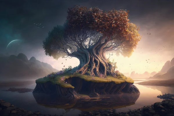 Fantastic fairytale tree in fantasy and magic style in an enchanted place with river and mist. Digital painting