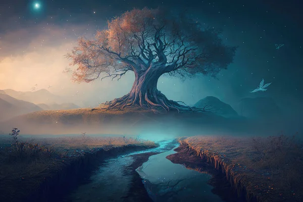 Fantastic fairytale tree in fantasy and magic style in an enchanted place with river and mist. Digital painting