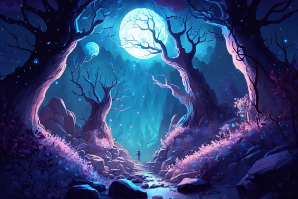 Fairytale enchanted forest illuminated by bioluminescence big trees, moon and beautiful vegetation. Digital painting