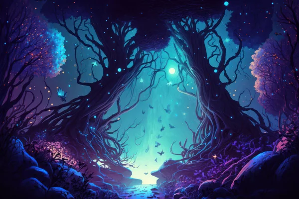 Fairy tale enchanted forest illuminated by bioluminescence with big trees and beautiful vegetation. Digital painting