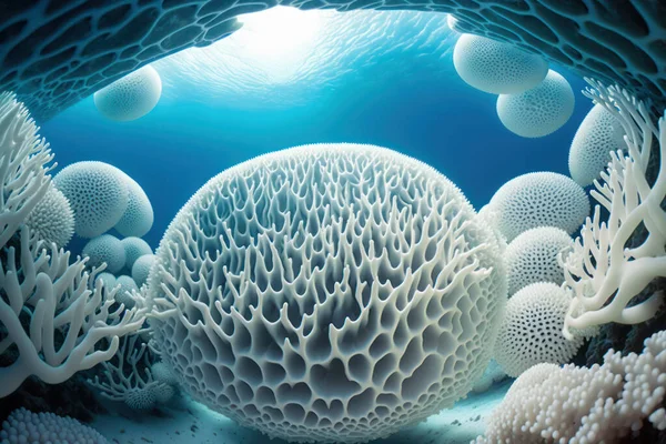 Beautiful elaborated white hermatypic marine corals of various species under the sea