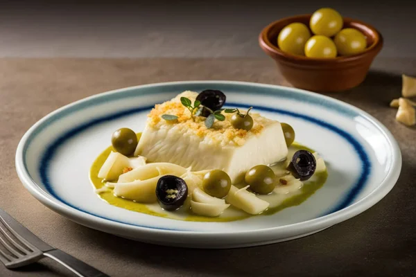 Bacalhau with salted and dried cod in boiled flakes with potatoes, a traditional Portuguese dish