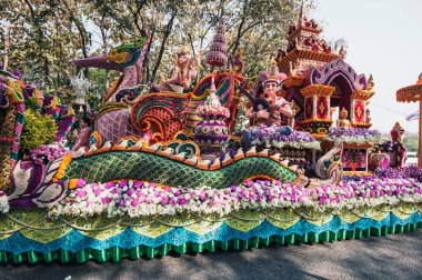 Chiang Mai, Thailand - February 04, 2023: Flower floats and parades The 46th Annual Flower Festival 2023 in Chiang Mai, Thailand
