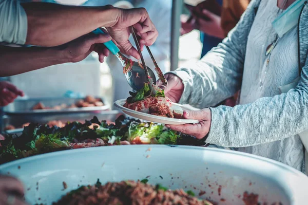 Volunteer Hands Giving Out Free Food Poor Community Famine Relief — Stock Photo, Image