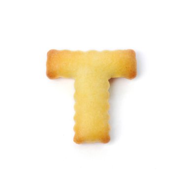 Beyaz arkaplanda izole edilmiş beyaz çerezden yapılmış T harfi