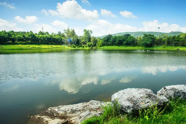 Göl ve orman mavi gökyüzü rezervuarının altında
