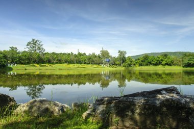 Gölet ve mavi bulutlu gökyüzü