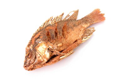 Kızarmış Tilapia balığı, beyaz arka planda izole edilmiş.