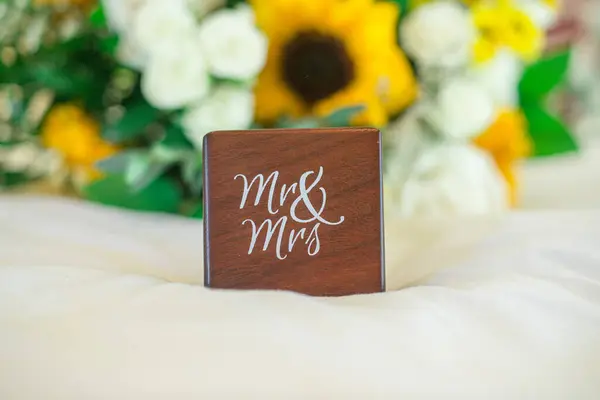 stock image Wood block with white text that reads