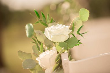 Beyaz koltuklarda beyaz güller, açık havada düğün töreni.