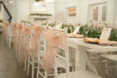 Stunning rows of chivari chairs decorated and drapped with beige lace bows at wedding reception dinner setting with  long white tables elegantly set clipart