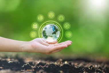 Yenilenebilir enerji konsepti Dünya Günü veya çevre koruma Elleri toprakta yetişen ormanları korur ve dünyayı kurtarmaya yardım eder.