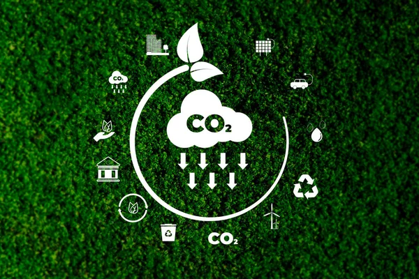 Business Sostenibile Con Pianeta Attraverso Energie Rinnovabili Emissioni Co2 Verde — Foto Stock