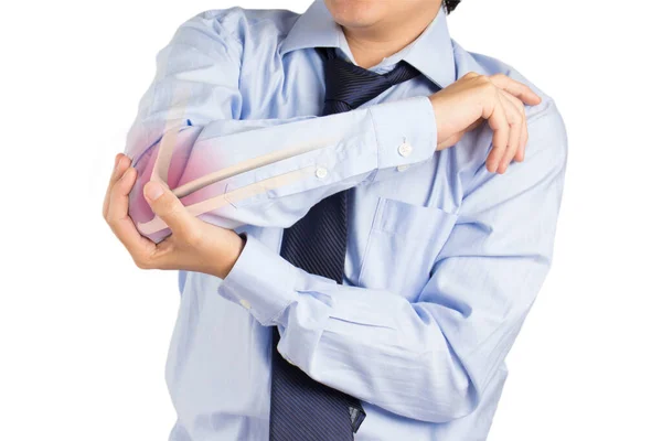 Man Feels Elbow Bone Pain Accident White Background — Stock Photo, Image