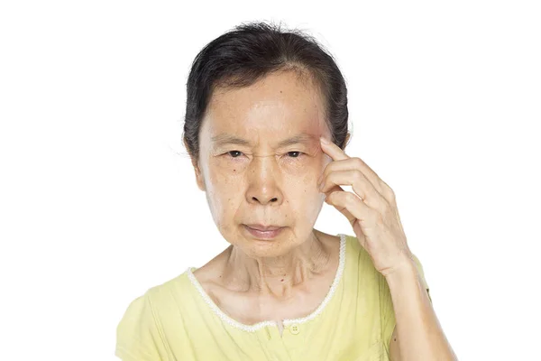 Anciana Mujer Asiática Que Sufre Migraña Dolor Cabeza Sobre Fondo — Foto de Stock