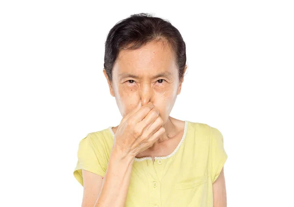 Velha Mulher Asiática Beliscou Seu Nariz Devido Mau Cheiro — Fotografia de Stock