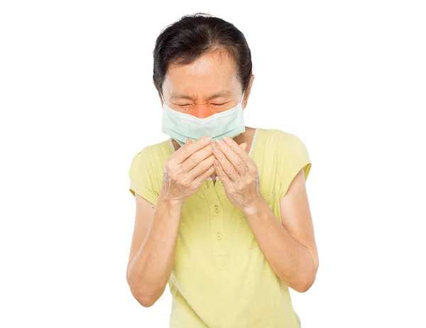 Old Asian Woman Due Cough Spread Saliva Sore Throat White — Stock Photo, Image