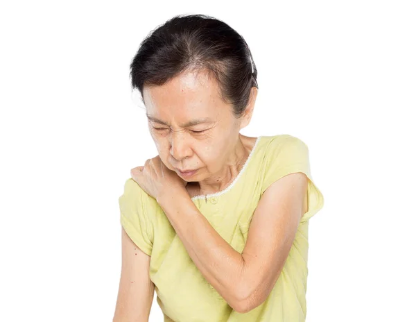 Old Asian Woman Feeling Shoulder Pain Office Syndrome White Background — Stock Photo, Image