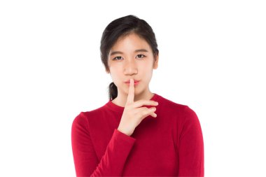 expression and emotion portrait asian woman using silent signal in white background