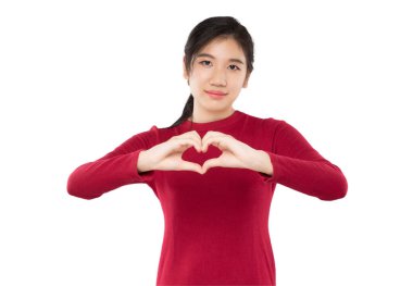 expression and emotion smile portrait asian woman make heart symbol showing love on white background