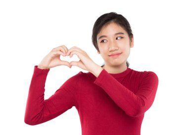 expression and emotion smile portrait asian woman make heart symbol showing love on white background