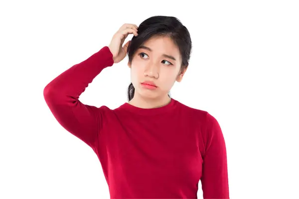 초상화 Asian 여성은 혼란스럽고 머리를 잡는다 스톡 이미지