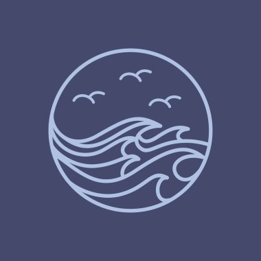 deniz dalgaları ve güneş ikonu, ana hatlı vektör çizimi