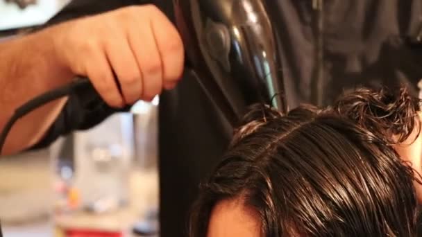 Długie Włosy Stylizowane Suszarkę Włosów Kobieta Salonie Piękności Długie Ciemne — Wideo stockowe