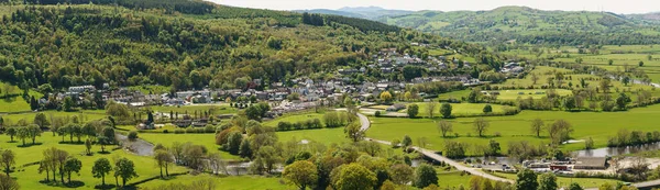 Panoramic Aeriial Landscape View Farms Hills Town Corwen North Wales Fotos De Stock