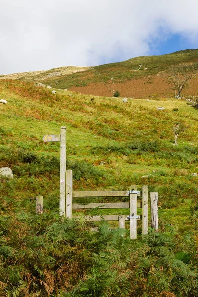 Rural sign post and wooden stile on a hiking trail with a green grassy path leading up a British hillside