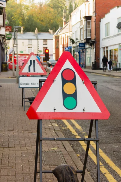 Temporary Road Works Signs Traffic Lights Controlling Vehicle Access Highway Stock Picture