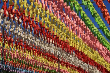 Lamphun Eyaleti, Tayland 'daki Loi Krathong festivaline güzellik katmak için renkli kağıt fenerler yerleştirildi..