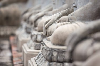 Tayland 'daki tapınaktaki güzel Buda heykellerinin seçici odağı..
