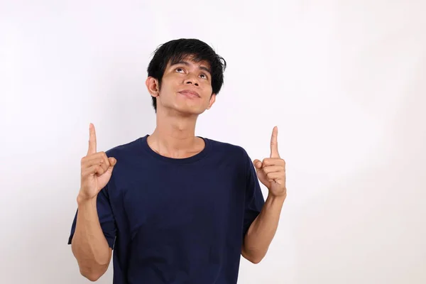 Asian Young Man Standing While Pointing Presenting Something Him Isolated — Stock Photo, Image