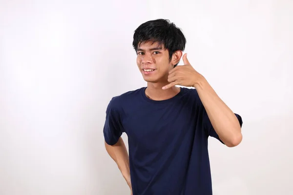 Happy Asian Young Man Standing Calling Hand Gesture Isolated White — Stock Photo, Image