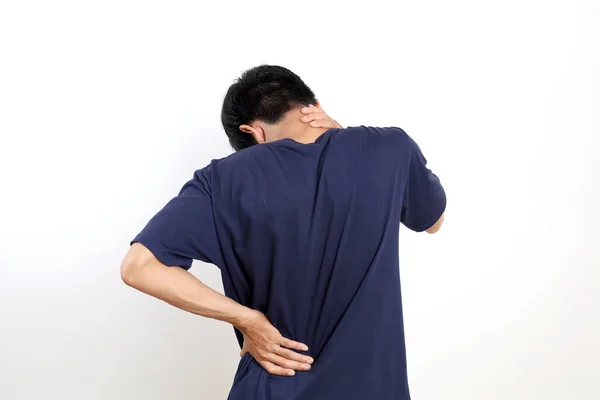 Vista Posterior Joven Asiático Que Sufre Dolor Cuello Espalda Aislado — Foto de Stock