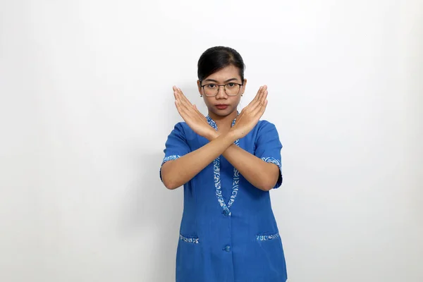 Jovem Asiático Empregado Com Mão Cruzada Negação Parar Gesto Mão — Fotografia de Stock