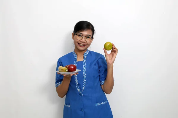 Joven Nutricionista Asiático Que Presenta Frutas Para Vida Salud Aislado —  Fotos de Stock