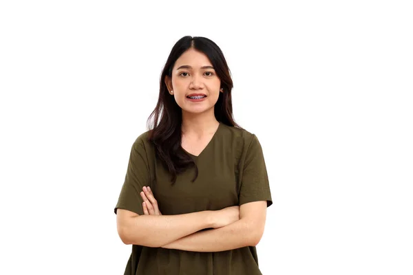 Retrato Feliz Bela Jovem Asiática Com Mão Dobrada Isolado Sobre — Fotografia de Stock