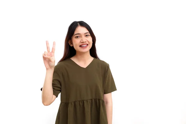 Happy Young Asian Woman Standing While Showing Two Fingers Hand — Stock Photo, Image
