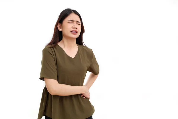 Hermosa Mujer Asiática Que Sufre Dolor Espalda Baja Dolor Abdomen — Foto de Stock