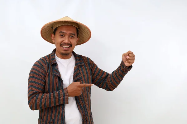 Happy Asian Farmer Standing While Holding Showing Something His Hand — Stock Photo, Image